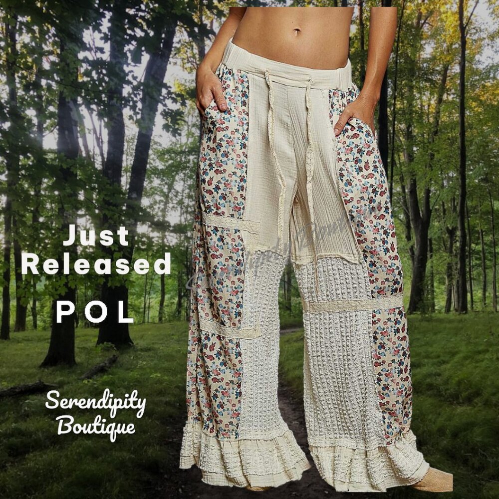 POL Bohemian Lace Ruffle Cotton Floral Patchwork Extra Baggy Wide Leg Flare Pant
